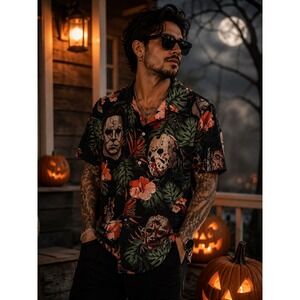 Horror Movie Slasher Tropical Floral Button Down Shirt Mens Small Michael Jason